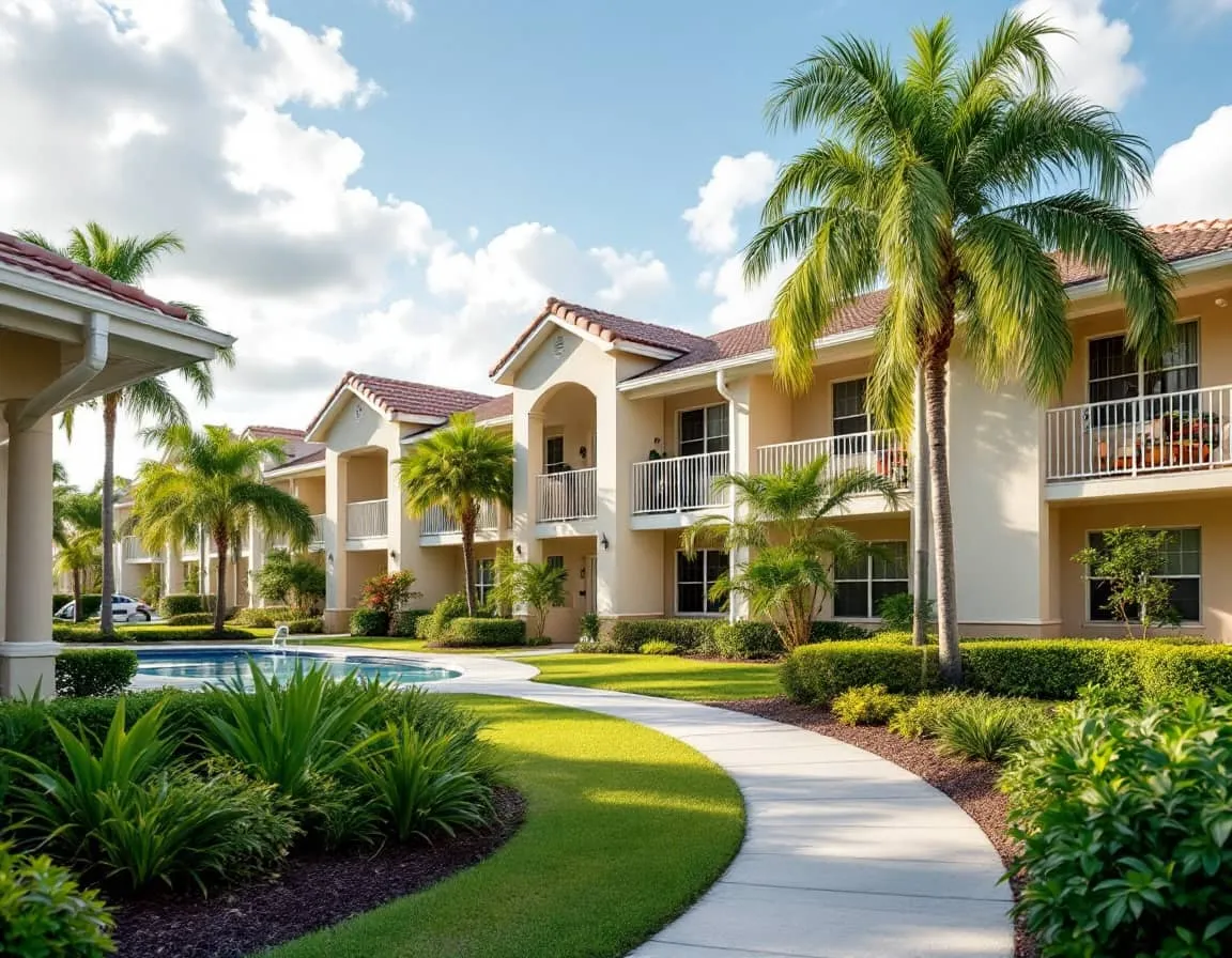 A South Florida condominium building with palm landscaping
