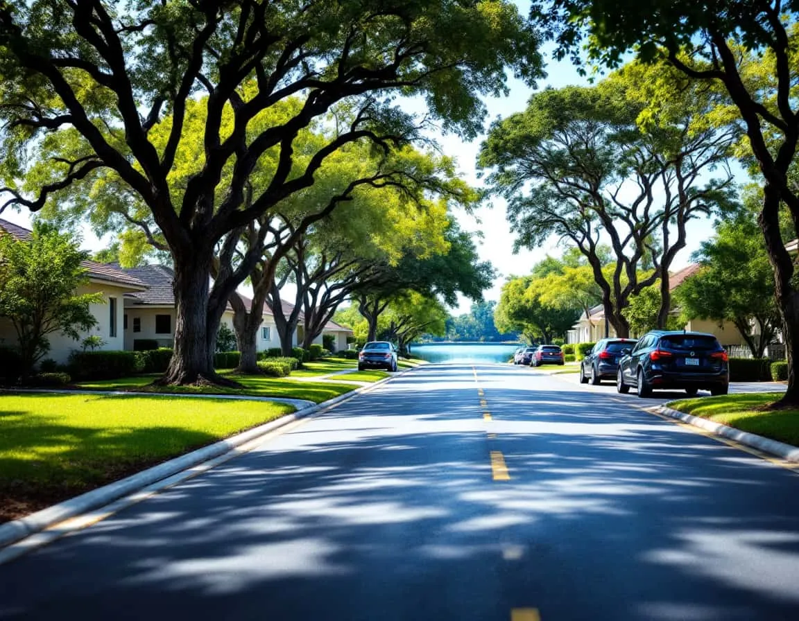 A row of single-story homes under South Florida palms
