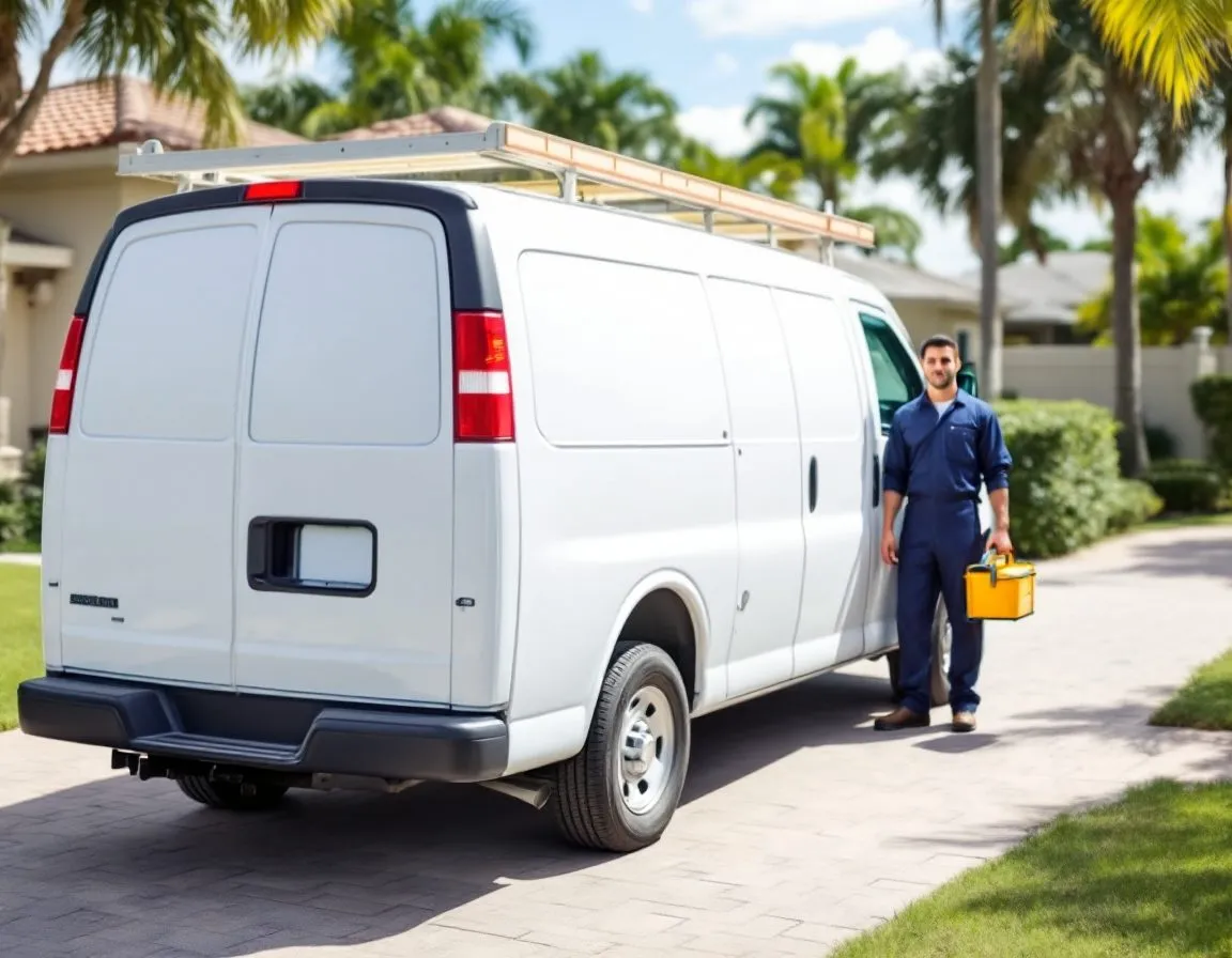 A plumbing technician with a toolbox beside a service van in a driveway