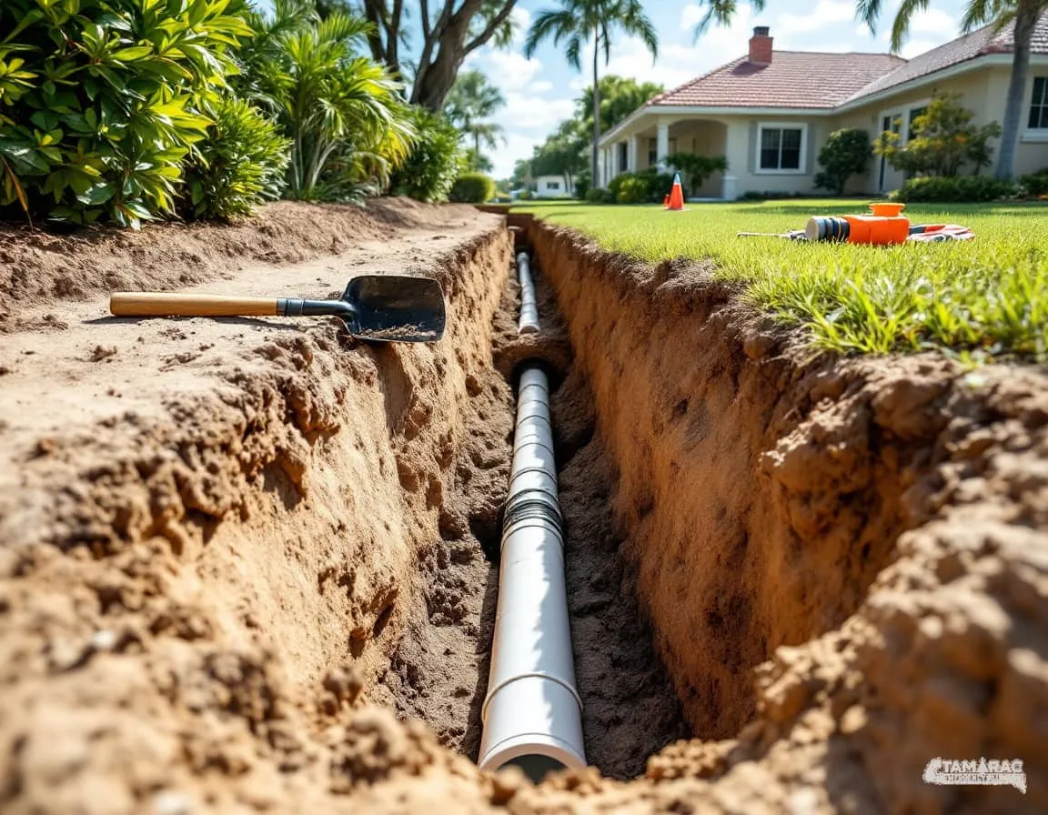 An open trench beside a single-story home exposing a sewer pipe run being replaced, with a shovel nearby