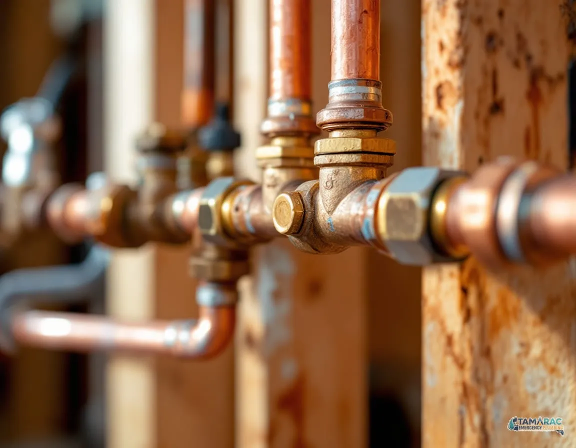 Freshly soldered copper pipe fittings at a repipe manifold inside an open wall stud bay