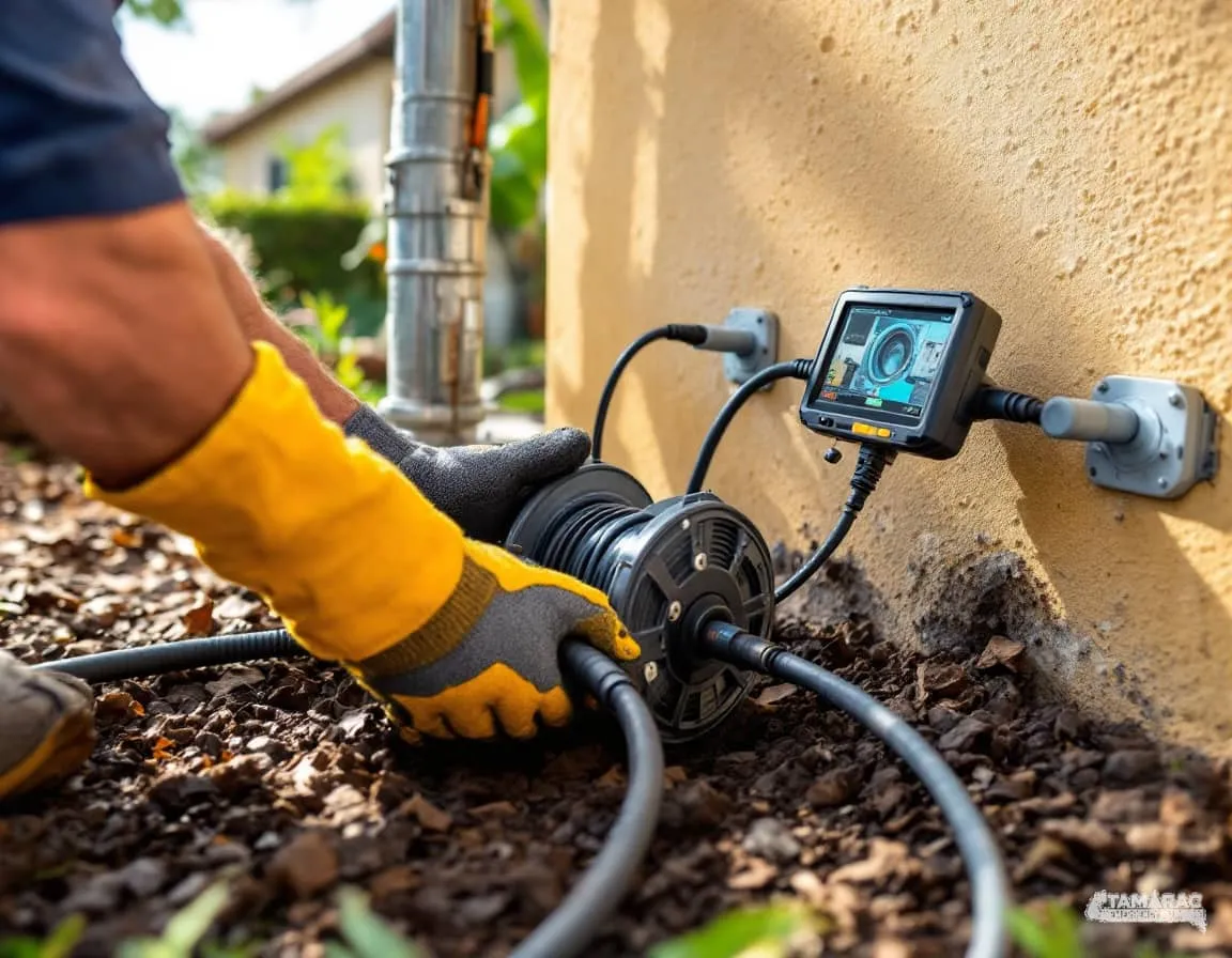 A plumber reading a sewer camera inspection monitor at an exterior cleanout access point