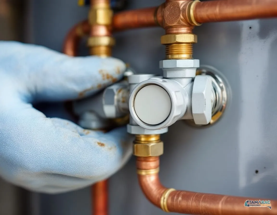 A close-up of a temperature and pressure relief valve and copper supply lines being inspected on a water heater