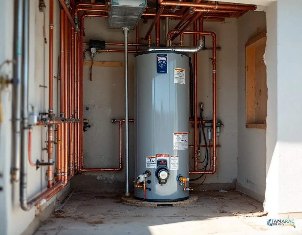 A tank-style water heater installed and connected with copper supply lines in a garage utility closet