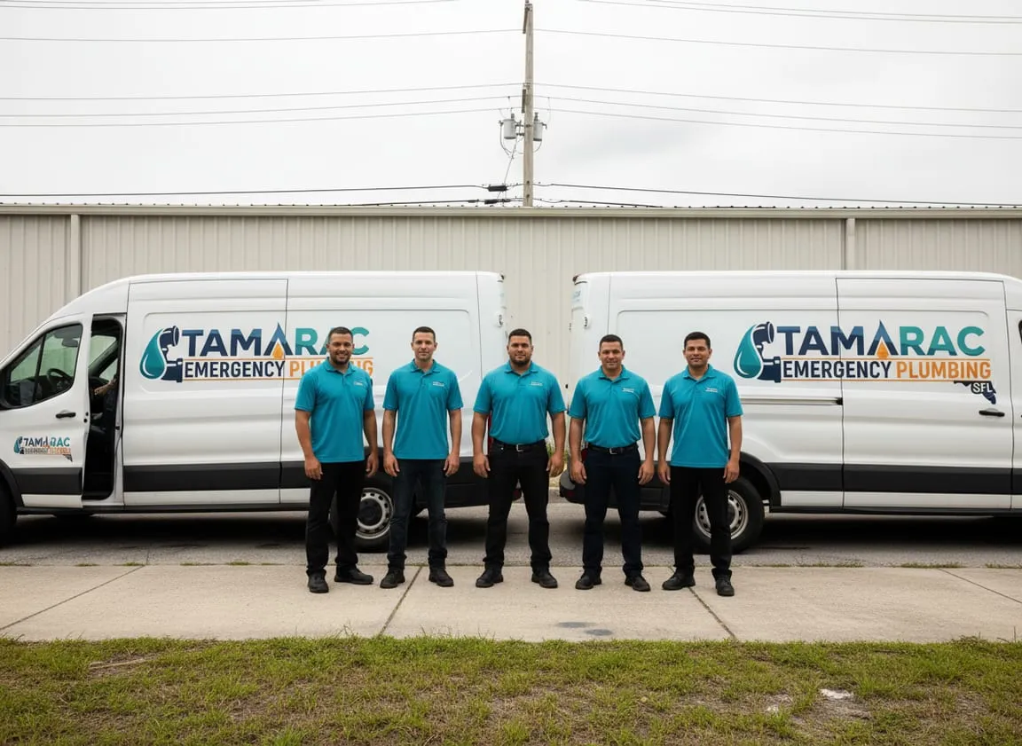 Plumbing technicians beside two service vans lettered with the company logo
