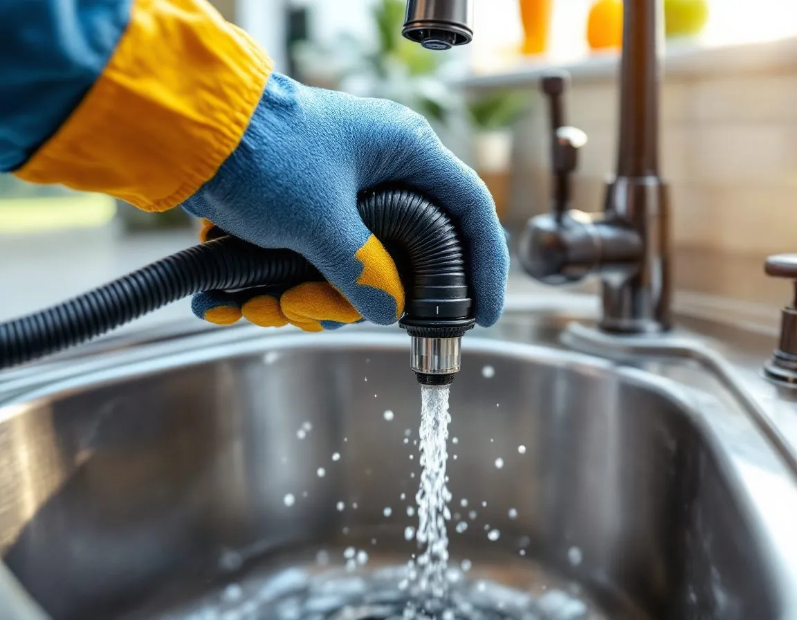 A drain cleaning cable being fed into a bathroom sink trap