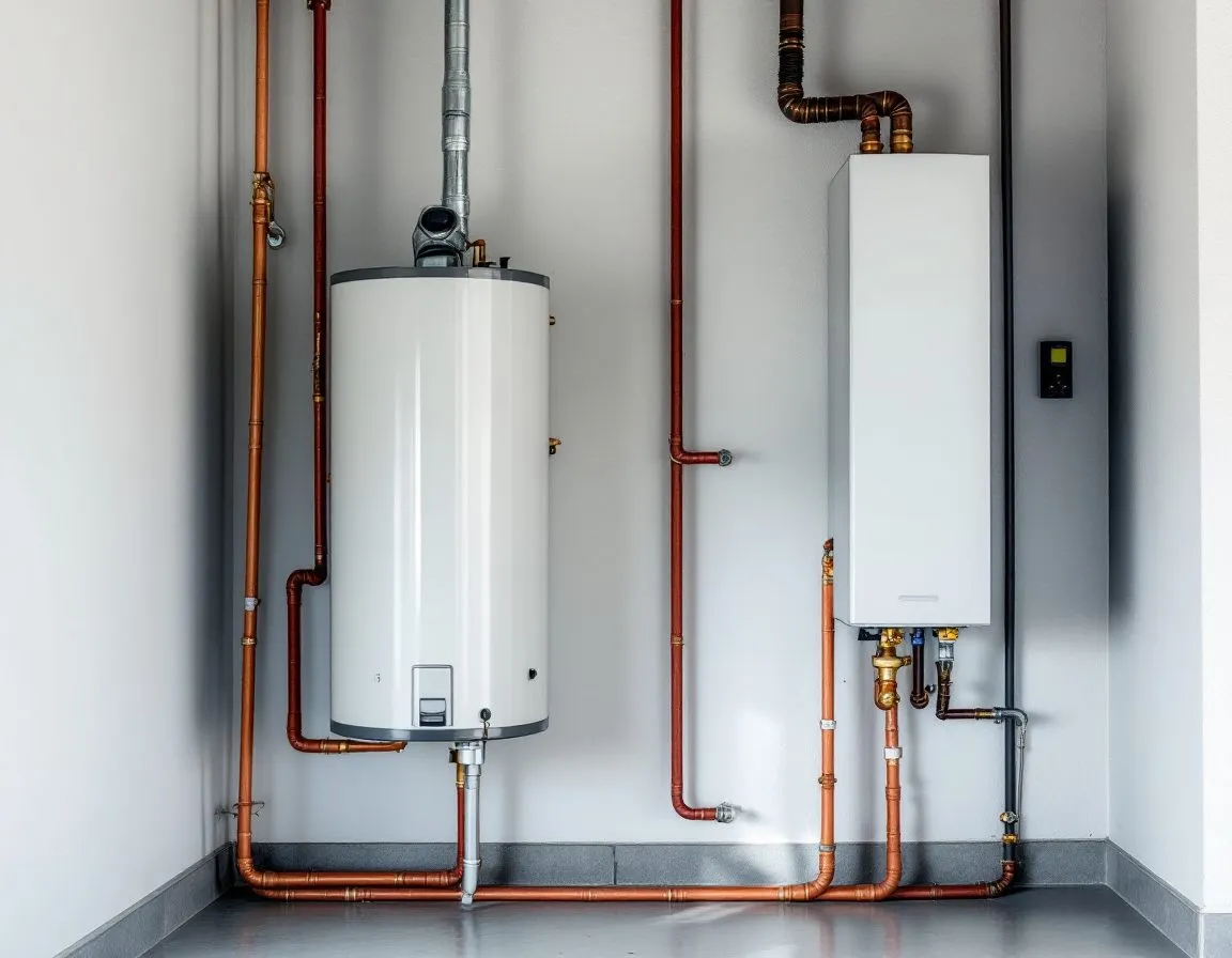 A new water heater tank installed in a garage utility closet with fresh copper fittings